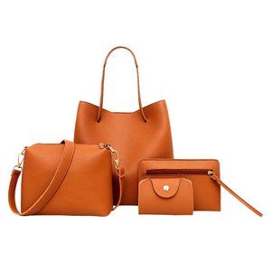 Orange Leather Bags For Women Luxury Handbags 4Pcs